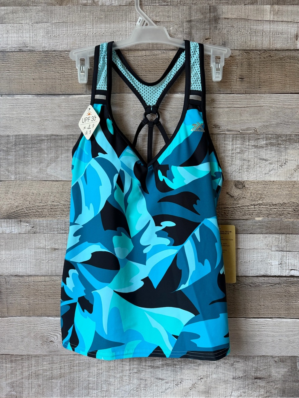 NWT ZeroXposur XS Blue Abstract Tankini Swim Top UPF 30 Quick Dry Athletic